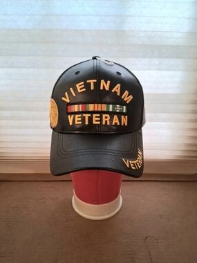 Black Vietnam Veteran Embroidered Polyurathane Leather Cap- Adult